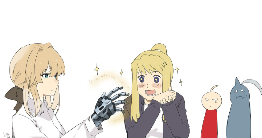 +_+ 2boys 2girls :d ahoge alphonse_elric armor blonde_hair blue_eyes blue_jacket bow brown_bow collared_shirt crossover drooling edward_elric eyebrows fullmetal_alchemist hair_bow hair_intakes hand_up hands_up highres jacket long_sleeves mechanical_arms multiple_boys multiple_girls nanaya_(daaijianglin) open_mouth own_hands_together ponytail saliva shirt signature simple_background smile sparkle sweatdrop violet_evergarden violet_evergarden_(character) white_background white_shirt wing_collar winry_rockbell