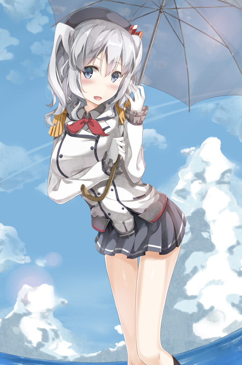 1girl :d absurdres bangs beret black_legwear blue_eyes blush breasts clouds collared_shirt commentary condensation_trail day epaulettes eyebrows_visible_through_hair frilled_sleeves frills gloves grey_shirt hair_between_eyes hat highres holding holding_umbrella jacket kantai_collection kashima_(kantai_collection) kneehighs large_breasts lens_flare long_hair long_sleeves looking_at_viewer looking_to_the_side military military_jacket military_uniform miniskirt neckerchief ocean open_mouth pleated_skirt red_neckwear shirt sidelocks silver_hair skirt sky smile solo sunoril tsurime umbrella uniform wavy_hair white_gloves white_jacket