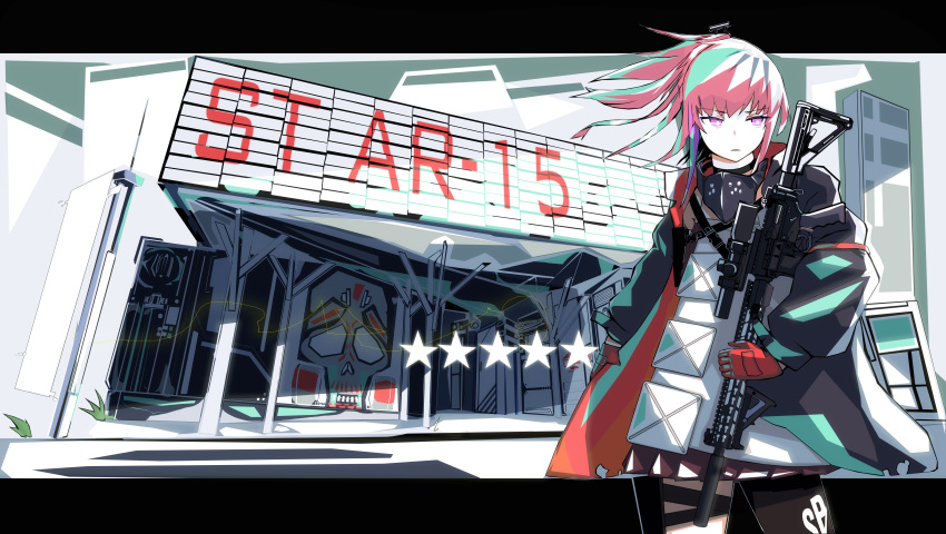 1girl absurdres ar-15 armor bangs black_legwear blue_eyes buckle building bullpup character_name clothes_writing coat digi-mind_update_(girls_frontline) dress eyebrows_visible_through_hair floating_hair girls_frontline gloves graffiti gun hair_ornament half-closed_eyes highres holding holding_gun holding_weapon holster long_hair looking_away multicolored_hair parted_lips pink_hair ponytail qiyan rifle road scope sidelocks single_thighhigh sleeveless sleeveless_dress solo st_ar-15_(girls_frontline) star strap streaked_hair street thigh-highs thigh_strap weapon wind wind_lift