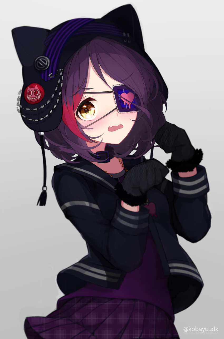 1girl absurdres animal_hat badge black_gloves blush brown_eyes button_badge cat_hat collar commentary_request cowboy_shot eyebrows_visible_through_hair eyepatch fang gloves hat hayasaka_mirei heart heart_eyepatch heart_necklace highres idolmaster idolmaster_cinderella_girls idolmaster_cinderella_girls_starlight_stage jacket jewelry kobayuu looking_at_viewer multicolored_hair necklace open_clothes open_jacket open_mouth paperclip paw_pose purple_hair purple_shirt purple_skirt shirt short_hair simple_background skirt solo streaked_hair tassel twitter_username two-tone_hair wavy_mouth