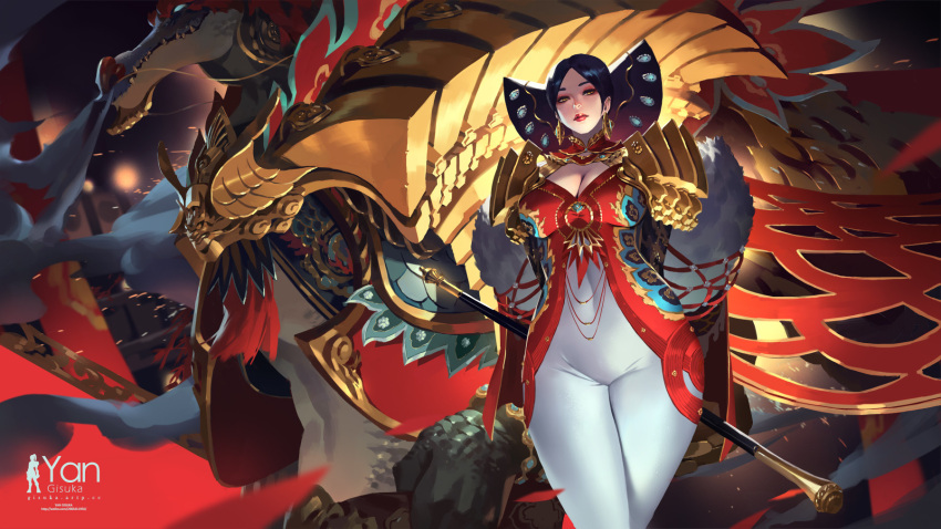 1girl black_hair breasts cleavage cleavage_cutout closed_mouth covered_navel eyeshadow fantasy figurehead_(boat) gisuka_yan highres large_breasts looking_at_viewer makeup original ship short_hair solo staff standing watercraft watermark yellow_eyes