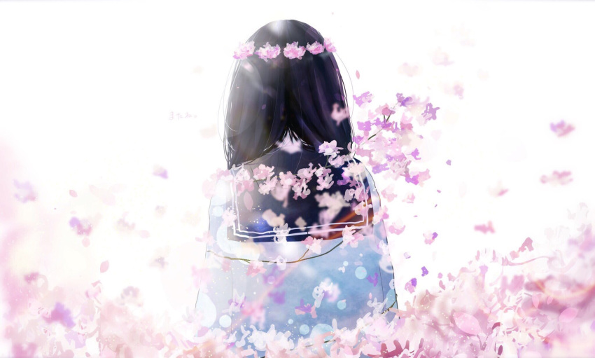 1girl amenomori_howa backlighting black_hair cherry_blossoms from_behind graduation head_wreath highres light_particles long_hair original school_uniform serafuku solo upper_body