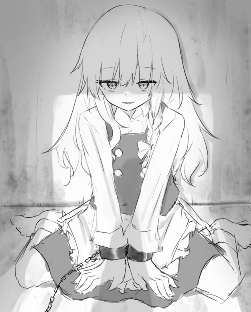 1girl :d bags_under_eyes bdsm chains commentary cuffs dungeon highres kirisame_marisa long_hair looking_at_viewer marisuku monochrome open_mouth pov shackles sketch smile solo touhou