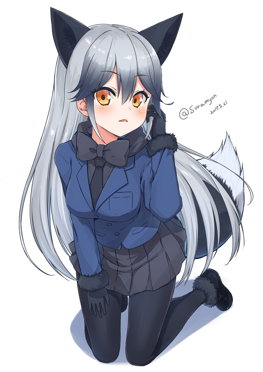 1girl 2017 animal_ears black_gloves black_neckwear black_skirt blue_jacket breasts dated extra_ears fox_ears fox_tail fur-trimmed_sleeves fur_trim gloves highres jacket kemono_friends large_breasts long_hair looking_at_viewer multicolored_hair open_mouth silver_fox_(kemono_friends) simple_background sitting skirt solo tail takanashi_sora_(soramyon) twitter_username white_background yellow_eyes
