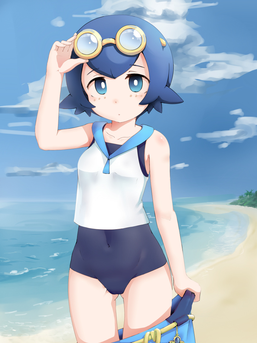 1girl absurdres baggy_pants beach blue_pants blue_sailor_collar blue_sky bright_pupils capri_pants clouds day greentree highres ocean one-piece_swimsuit palm_tree pants pokemon pokemon_(game) pokemon_sm sailor_collar sand sky solo suiren_(pokemon) swimsuit swimsuit_under_clothes tree trial_captain water yellow-framed_eyewear