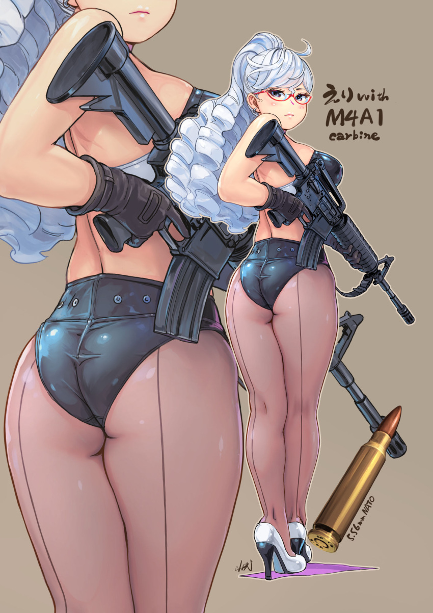 1girl ahoge ass assault_rifle back-seamed_legwear backless_outfit bangs bare_back bare_shoulders black_gloves black_leotard blue_eyes blush breasts brown_background carina_(xiaowoo) cartridge character_name closed_mouth drill_hair earrings expressionless from_behind full_body gloves gun head_out_of_frame high_heels highres jewelry large_breasts leotard lips long_hair looking_at_viewer looking_back m4_carbine object_namesake original pantyhose ponytail purple_legwear revision rifle seamed_legwear shiny shiny_skin signature silver_hair simple_background skindentation solo standing swept_bangs translated trigger_discipline tsurime weapon white_footwear zoom_layer