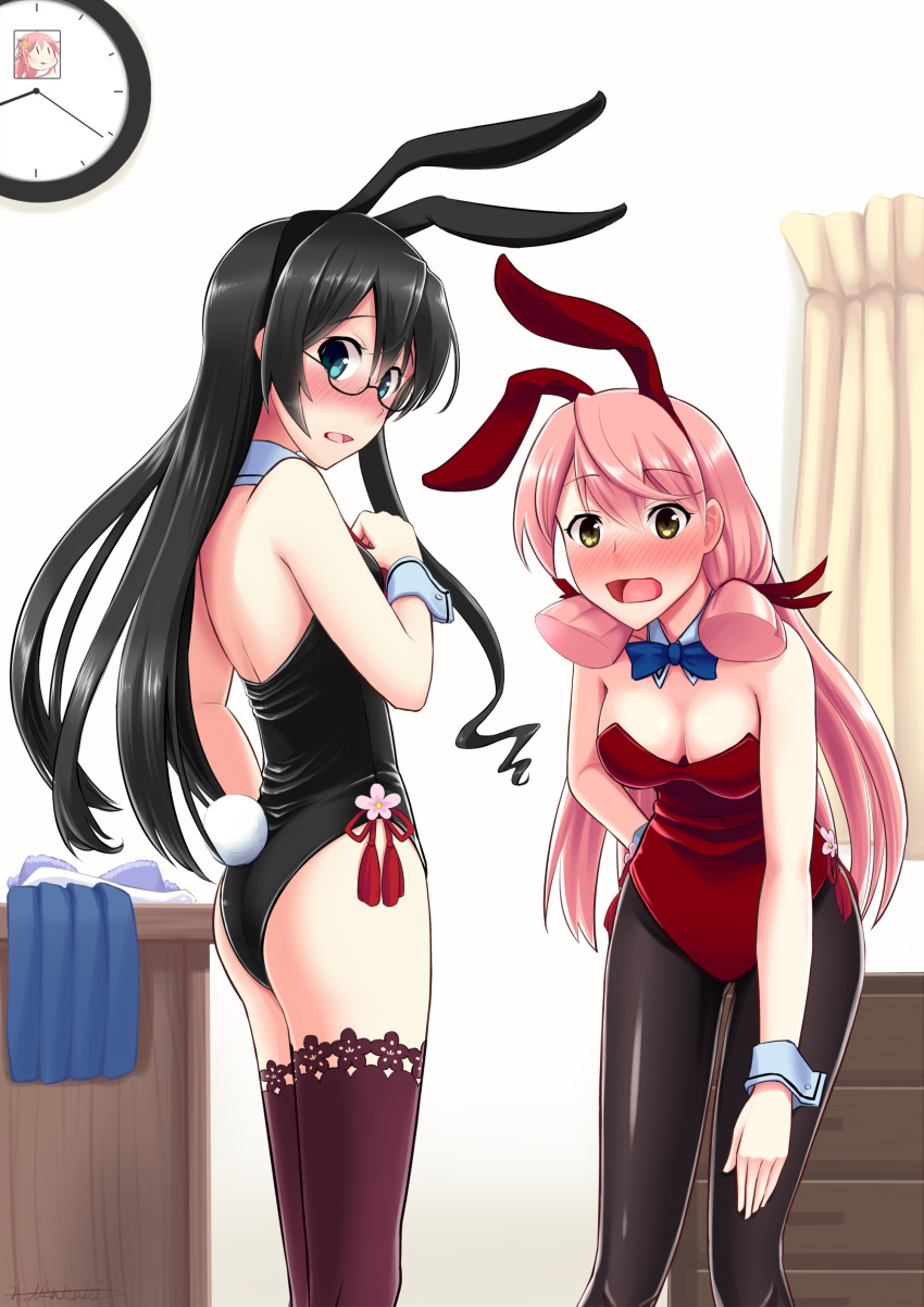 2girls absurdres adapted_costume akashi_(kantai_collection) akatsuki_hitoshi animal_ears aqua_eyes black_hair black_legwear black_leotard blue_neckwear blush bow bowtie brown_legwear bunny_tail bunnysuit curtains detached_collar glasses green_eyes hair_ribbon highres kantai_collection leaning_forward leotard long_hair multiple_girls ooyodo_(kantai_collection) pantyhose pink_hair rabbit_ears red_leotard ribbon semi-rimless_eyewear strapless strapless_leotard table tail thigh-highs tress_ribbon under-rim_eyewear wrist_cuffs