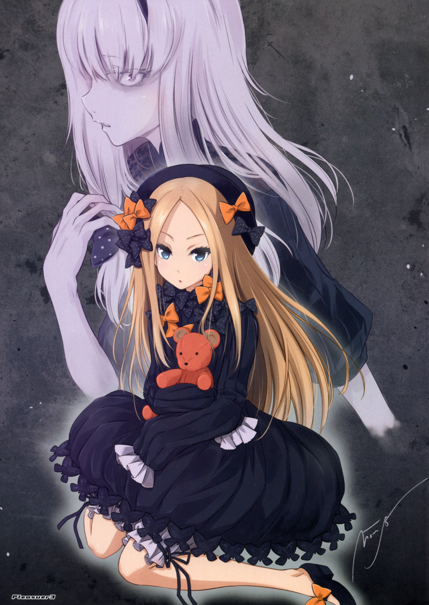 2girls :o abigail_williams_(fate/grand_order) absurdres artist_request bags_under_eyes bangs black_bow black_dress black_hat blonde_hair bloomers blue_eyes blush bow butterfly dress eyebrows_visible_through_hair fate/grand_order fate_(series) forehead hair_bow hat highres insect lavinia_whateley_(fate/grand_order) long_hair long_sleeves looking_at_viewer multiple_girls object_hug orange_bow pale_skin parted_bangs parted_lips polka_dot polka_dot_bow profile silver_hair sleeves_past_fingers sleeves_past_wrists stuffed_animal stuffed_toy teddy_bear underwear v-shaped_eyebrows very_long_hair violet_eyes white_bloomers