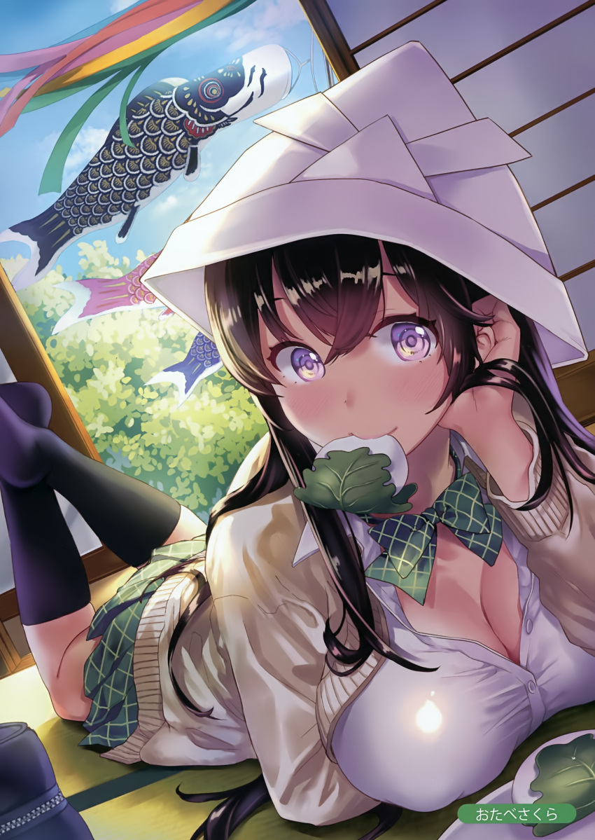 1girl absurdres artist_name bag bangs blue_sky blush bow bowtie breasts bush cardigan cleavage closed_mouth clouds collarbone collared_shirt day dress_shirt dutch_angle erect_nipples feet_out_of_frame food green_bow green_neckwear green_skirt hand_in_hair hat highres indoors kashiwa_mochi_(food) koinobori large_breasts leaf legs_up long_hair lying melonbooks miniskirt mouth_hold no_shoes on_floor on_stomach open_cardigan open_clothes otabe_sakura paper_hat plaid plaid_bow plaid_neckwear plaid_skirt plate sakura_mochi scan school_uniform shirt skirt sky sliding_doors smile solo tareme tatami violet_eyes wagashi white_hat white_shirt wing_collar zipper