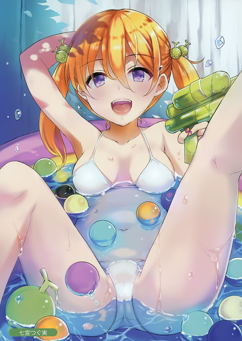 1girl :d absurdres afloat arm_up armpits artist_name artist_request ball bathing bikini blonde_hair blue_eyes blush breasts breasts_apart collarbone day eyebrows_visible_through_hair food_themed_hair_ornament foreshortening hair_between_eyes hair_ornament highres holding long_hair looking_at_viewer lying medium_breasts melon_hair_ornament melonbooks nail_polish nanatsugumi navel on_back open_mouth outdoors partially_submerged purple_nails scan shade shiny shiny_hair smile solo spread_legs stomach string_bikini sunlight swimsuit tareme thighs twintails wading_pool water water_drop water_gun wet white_bikini