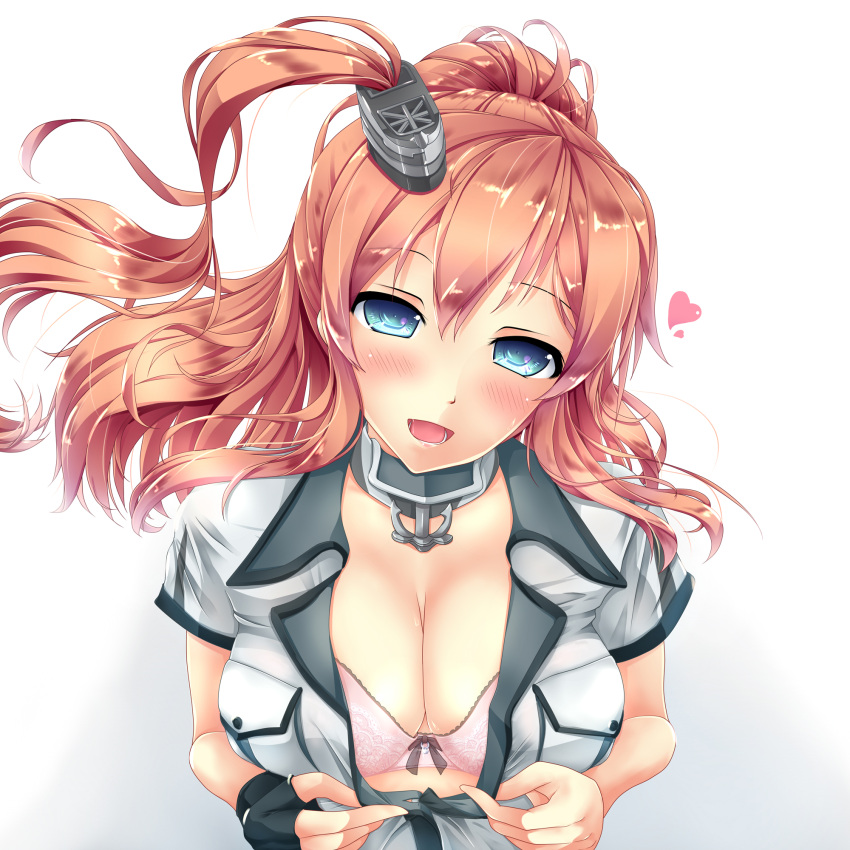 1girl akairo_no_mako anchor bangs black_gloves blue_eyes blush bow bow_bra bra breast_pocket breasts brown_hair choker cleavage collared_jacket commentary fingerless_gloves floating_hair flying_heart gloves hair_between_eyes hair_ornament head_tilt heart highres jacket kantai_collection large_breasts lingerie long_hair looking_at_viewer neckerchief open_mouth pink_bra pocket ponytail remodel_(kantai_collection) saratoga_(kantai_collection) short_sleeves side_ponytail sidelocks simple_background single_fingerless_glove smile smokestack smokestack_hair_ornament solo sweat sweatdrop unbuttoned unbuttoning underwear wing_collar