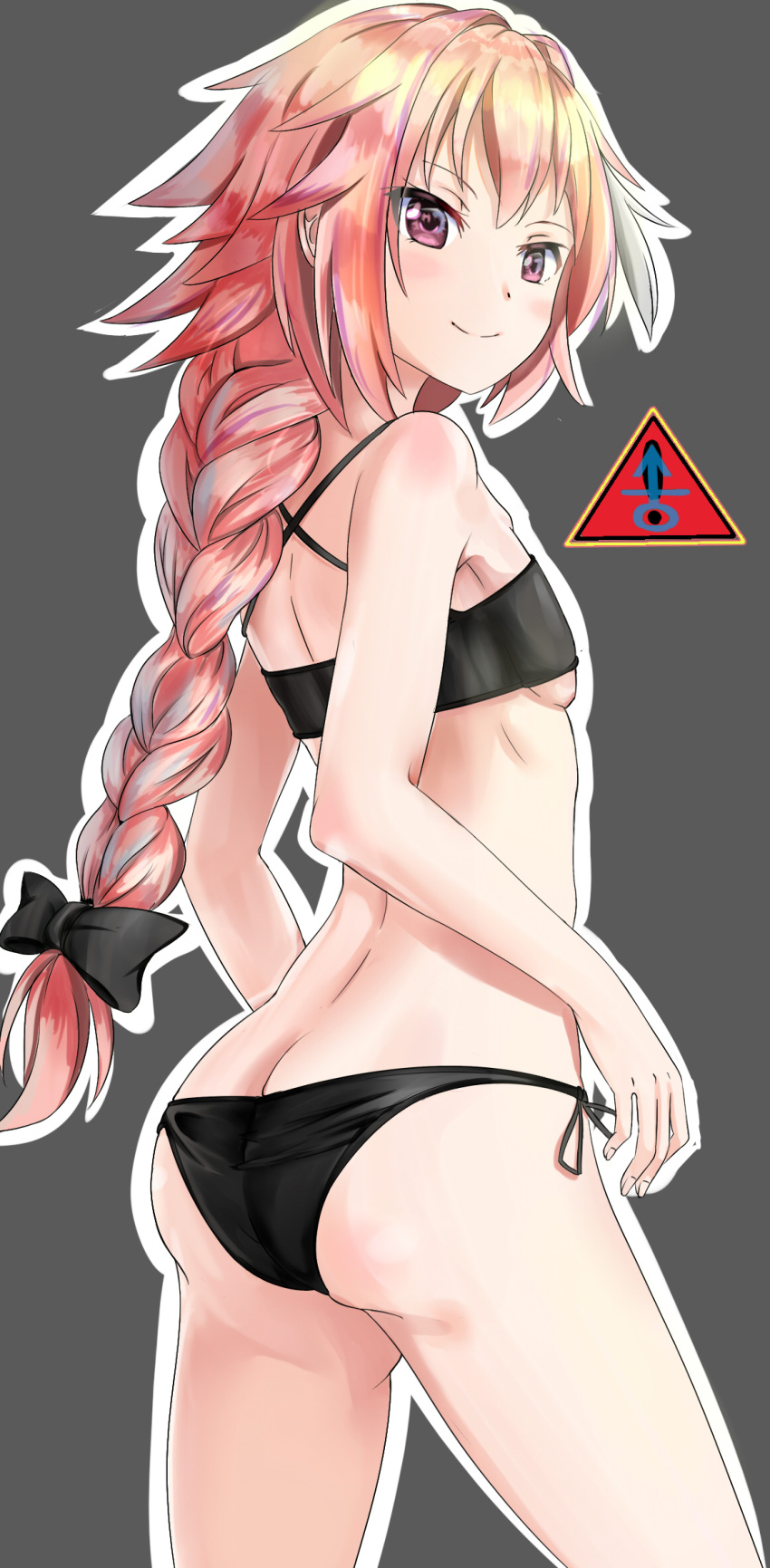 1boy armpits ass astolfo_(fate) b-pang_(dlcksdn95) bangs bare_arms bare_shoulders big_hair bikini black_bikini black_bow bow butt_crack closed_mouth commentary_request cowboy_shot cross-laced_clothes dot_nose eyebrows_visible_through_hair fate/apocrypha fate_(series) fingernails flat_chest from_side grey_background hair_bow hair_intakes highres long_hair looking_at_viewer looking_to_the_side lowleg lowleg_bikini male-female_symbol male_focus multicolored_hair outline pink_hair shiny shiny_hair side-tie_bikini sign simple_background smile solo standing stomach streaked_hair swimsuit trap two-tone_hair very_long_hair violet_eyes warning_sign white_hair white_outline