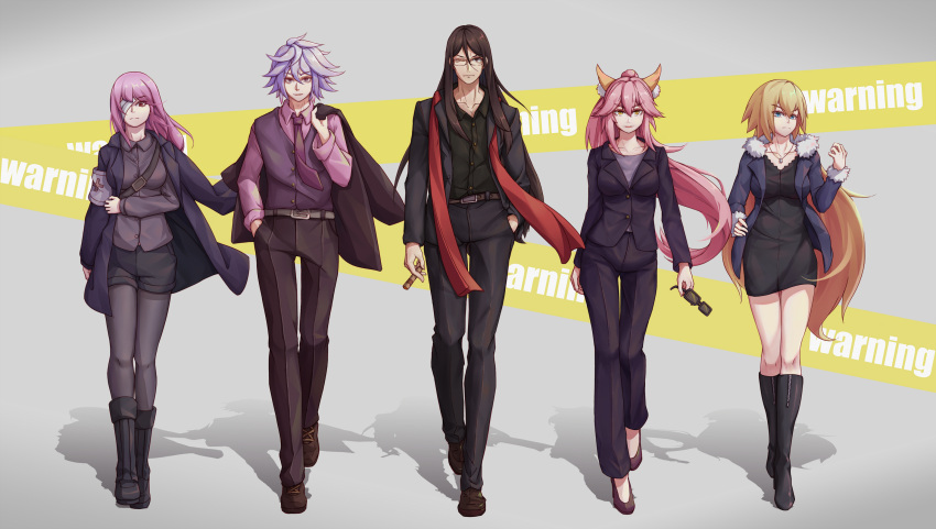 2boys 3girls ahoge alternate_costume animal_ears artist_request bangs black_hair blonde_hair braid business_suit closed_eyes fate/grand_order fate_(series) florence_nightingale_(fate/grand_order) formal fox_ears full_body gloves hair_between_eyes highres jacket jeanne_d'arc_(fate) jeanne_d'arc_(fate)_(all) jeanne_d'arc_(grimms_notes) long_coat long_hair long_sleeves looking_at_viewer lord_el-melloi_ii merlin_(fate/stay_night) multiple_boys multiple_girls necktie parted_bangs pencil_skirt pink_hair single_braid skirt skirt_suit suit sunglasses tamamo_(fate)_(all) tamamo_no_mae_(fate) violet_eyes waver_velvet white_gloves white_hair