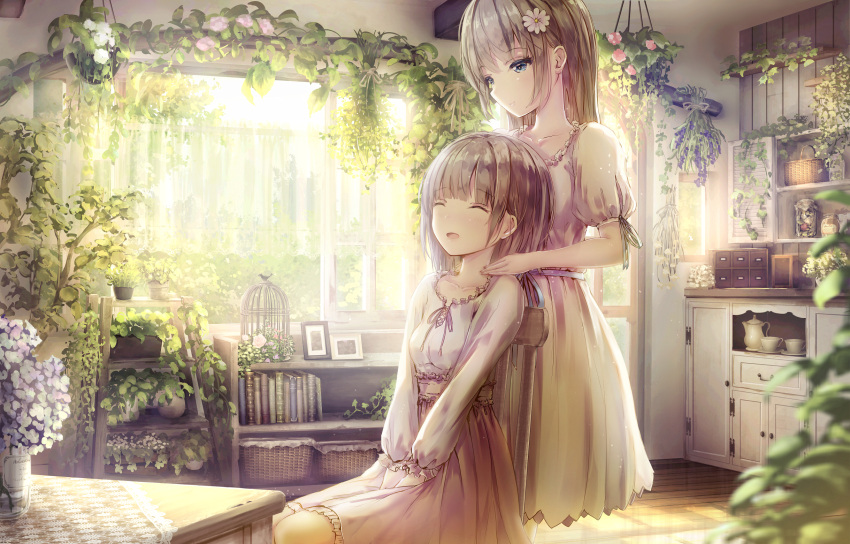 2girls :d ^_^ basket birdcage blue_eyes blue_ribbon blush book breasts brown_hair cage closed_eyes closed_mouth collarbone commentary_request cup day dress flower hair_flower hair_ornament hair_ribbon hand_on_another's_shoulder hand_on_lap highres indoors long_hair long_sleeves missile228 multiple_girls open_mouth original photo_(object) pink_flower puffy_long_sleeves puffy_short_sleeves puffy_sleeves purple_flower ribbon saucer short_sleeves sitting small_breasts smile standing sunlight teacup teapot v_arms white_dress white_flower window