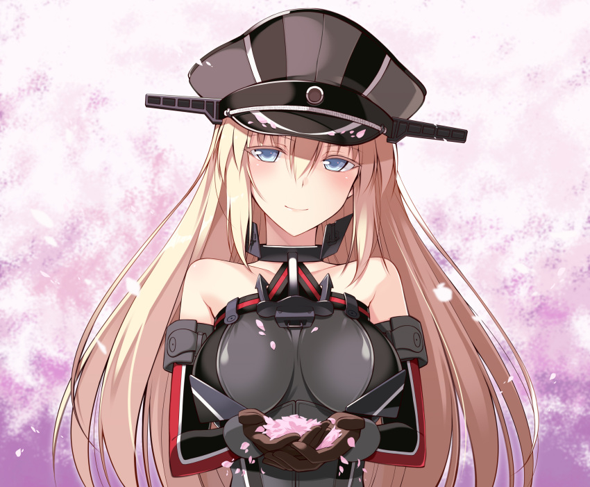 1girl anchor bangs bare_shoulders bismarck_(kantai_collection) black_hat blonde_hair blue_eyes breasts brown_gloves closed_mouth collar collarbone colored_eyelashes detached_sleeves gloves gradient gradient_background hair_between_eyes hat highres holding impossible_clothes kantai_collection long_hair long_sleeves looking_at_viewer medium_breasts oota_yuuichi own_hands_together peaked_cap petals pink_background smile solo straight_hair tsurime upper_body