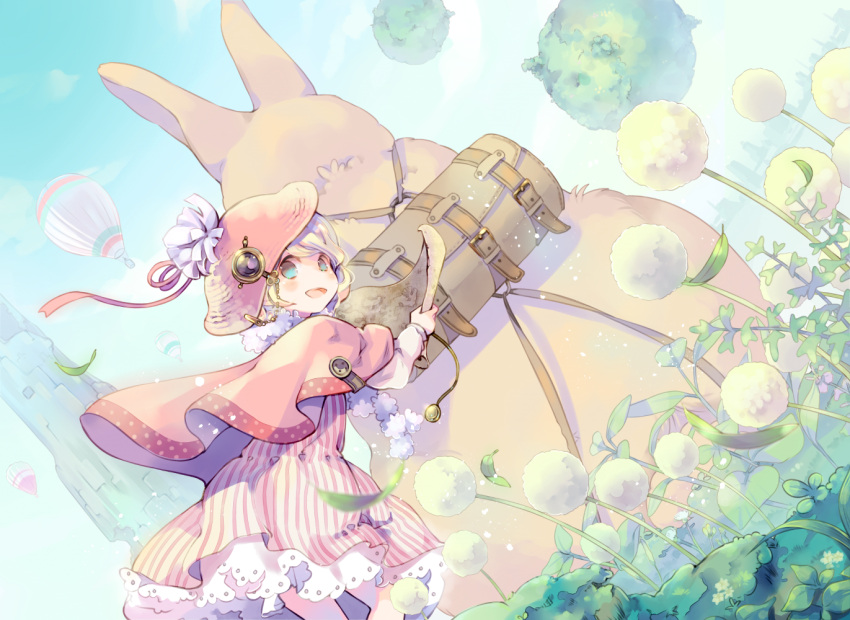 1girl :d aircraft animal backpack bag blue_eyes blue_sky blush capelet day dress dutch_angle flower fur_trim grass hat hot_air_balloon kuga_tsukasa looking_at_viewer meadow open_mouth original outdoors oversized_animal pink_capelet pink_dress rabbit short_hair silver_hair sky smile solo