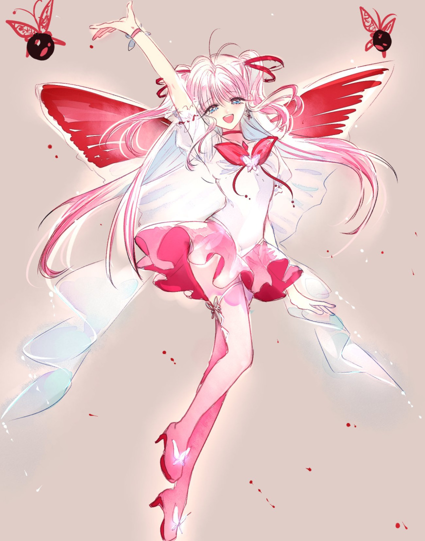 1girl :d ahma blue_eyes blush bow bowtie butterfly_wings copyright_request earrings grey_background hand_up high_heels highres jewelry looking_at_viewer open_mouth pantyhose pink_hair pink_legwear pink_neckwear pink_skirt round_teeth skirt smile solo teeth wings