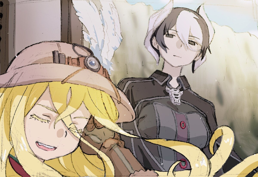 2girls black_cape black_eyes black_hair black_jacket blonde_hair brown_gloves cape closed_mouth commentary_request day eyebrows_visible_through_hair eyes_visible_through_hair gloves hair_between_eyes hat hat_feather height_difference helmet jacket jitome long_hair looking_at_another lyza made_in_abyss mi_(pic52pic) multicolored_hair multiple_girls outdoors ozen parted_lips pith_helmet short_hair smile two-tone_hair whistle white_hair