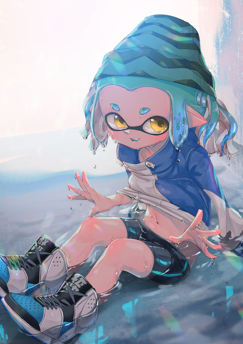 1girl :d beanie bike_shorts black_footwear black_hat black_shorts blue_footwear blue_hair blue_hat blue_jacket commentary day dripping hat high_collar highres inkling inkling_(language) jacket jacket_lift kashu_(hizake) laces long_sleeves looking_at_viewer medium_hair open_mouth outdoors pointy_ears puddle shiny shiny_hair shiny_skin shoes short_eyebrows short_twintails shorts sidelocks single_vertical_stripe sitting smile sneakers solo splatoon splatoon_2 sunlight tentacle_hair thick_eyebrows twintails water wet wet_clothes wet_hair white_background white_footwear white_jacket yellow_eyes