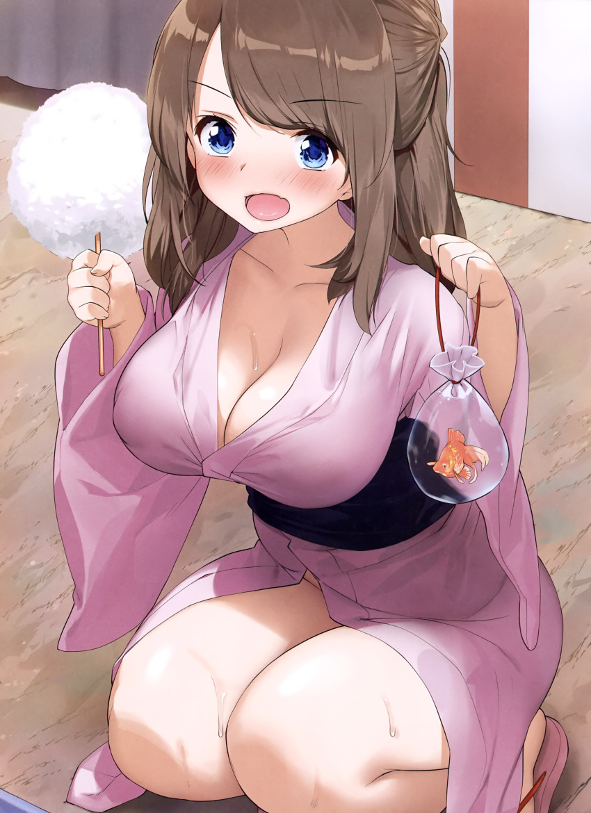 1girl absurdres artist_request asymmetrical_bangs bangs bare_legs blue_eyes blue_sash blush breasts brown_hair cleavage collarbone cotton_candy dengeki_moeou erect_nipples eyebrows_visible_through_hair fish goldfish highres holding japanese_clothes kimono large_breasts magazine_scan no_panties obi open_mouth original outdoors pink_footwear pink_kimono ponytail sandals sash scan squatting sweat tongue