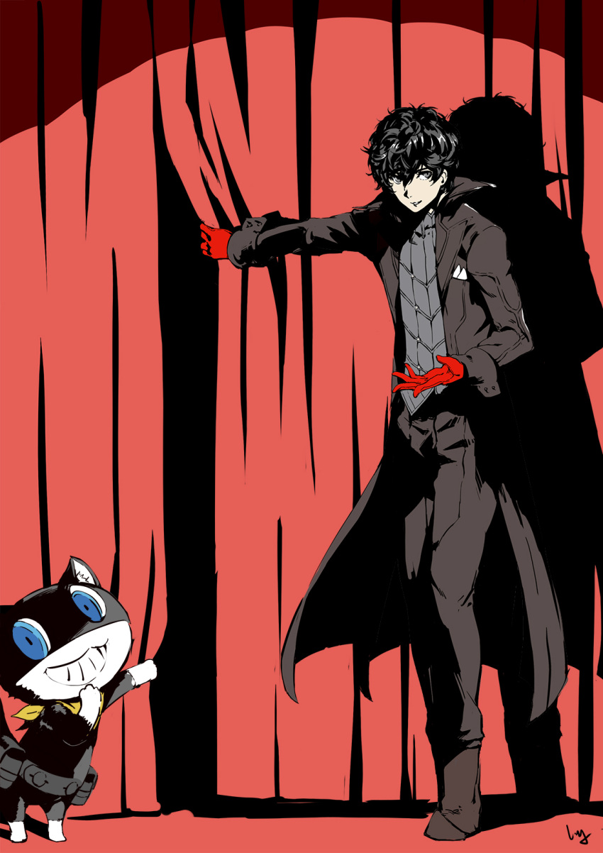 1boy black_hair black_pants boots brown_footwear cat character_request coat commentary_request curtains gloves grey_eyes grin highres light_smile looking_at_viewer male_focus nanaya_(daaijianglin) open_clothes open_coat pants persona persona_5 red_gloves signature smile standing vest