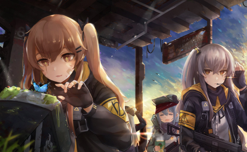 3girls ammunition bandaid bandaid_on_face brown_eyes brown_hair butterfly character_request envysoi food girls_frontline grey_hair hair_ornament hairclip highres holding holding_food holding_weapon image_sample insect jacket multiple_girls open_clothes open_jacket radio shed shirt tagme twintails twitter_sample weapon white_shirt