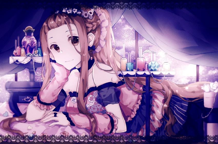 1girl aihara_miu arm_warmers bare_shoulders black_choker bow_earrings brown_eyes brown_hair chin_rest choker cosmetics earrings forehead gocoli hair_ornament hair_scrunchie highres jewelry long_hair looking_at_viewer lying on_stomach ponytail scrunchie smile solo tokyo_7th_sisters