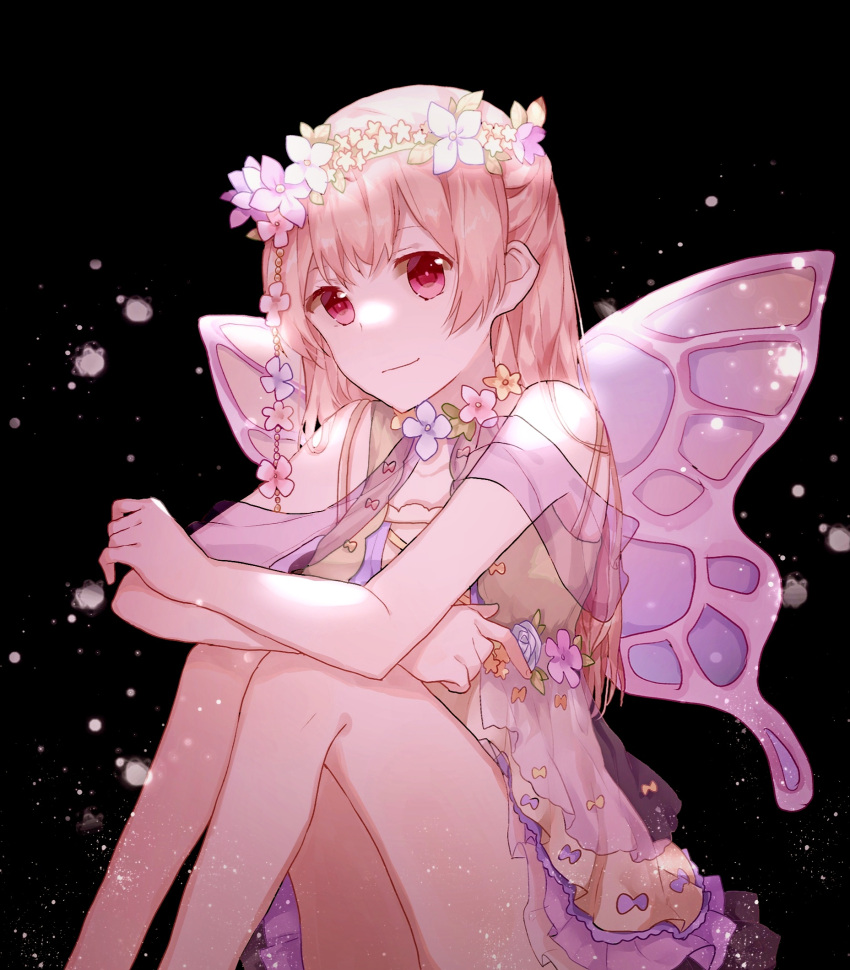 1girl black_background brown_hair closed_mouth copyright_request fairy_wings feet_out_of_frame flower gocoli hair_flower hair_ornament head_wreath highres long_hair looking_at_viewer red_eyes see-through short_sleeves sitting smile solo wings