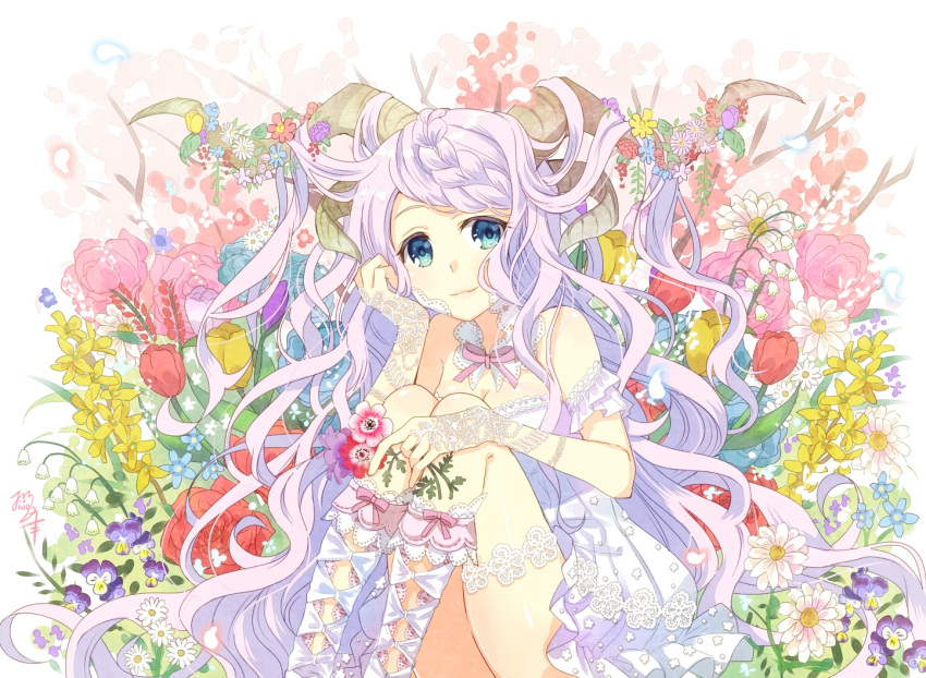 1girl blue_eyes bow braid chin_rest commentary_request daisy detached_collar dress elbow_gloves fingerless_gloves floral_background flower gloves hair_on_horn holding holding_flower horn_flower horn_ornament horns kneehighs knees_up lace lace-trimmed_dress lace_gloves lace_legwear lace_trim lavender_hair lily_of_the_valley long_hair looking_at_viewer neck_ribbon nekozuki_yuki original petals pink_flower pink_neckwear pink_rose ribbon rose signature sitting smile solo tulip very_long_hair wavy_hair white_bow white_dress white_legwear