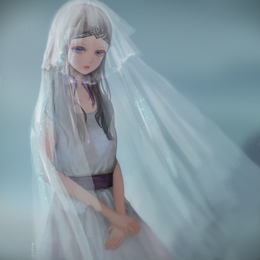 1girl artist_name blue_eyes brown_hair company_captain_yorshka dark_souls_iii dress grey_background highres long_hair looking_at_viewer pointy_ears solo souls_(from_software) standing tiara tirfing veil white_dress
