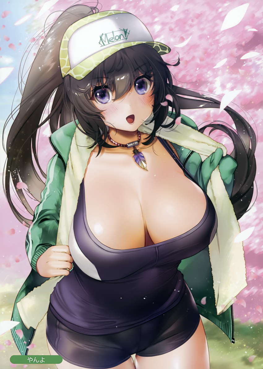 1girl absurdres artist_name bangs baseball_cap bike_shorts black_hair black_shorts blush breasts cherry_blossoms cleavage clothes_writing collarbone double_vertical_stripe eyebrows_visible_through_hair feathers green_jacket hair_between_eyes hat highres jacket jewelry large_breasts long_hair looking_at_viewer melonbooks necklace ogino_atsuki open_clothes open_jacket open_mouth outdoors ponytail scan shiny shiny_hair shorts sleeves_past_fingers solo spring_(season) standing strap_gap tareme thigh_gap towel towel_around_neck track_jacket unzipped very_long_hair violet_eyes