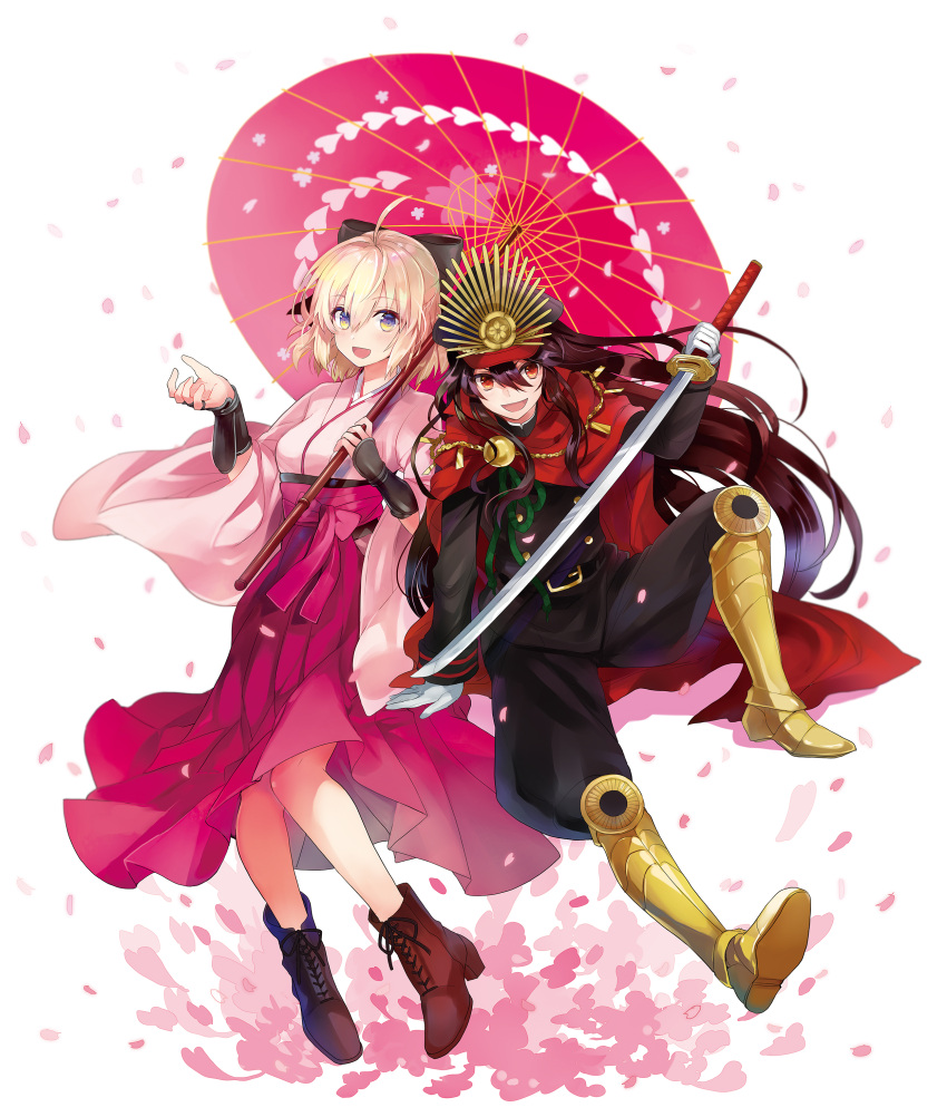 2girls absurdres arm_guards armored_boots black_legwear black_ribbon blonde_hair boots brown_footwear brown_hair cape cherry_blossoms cross-laced_footwear eyebrows_visible_through_hair fate/grand_order fate_(series) gloves hair_ribbon hat highres holding holding_sword holding_weapon japanese_clothes katana kimono lace-up_boots long_hair looking_at_viewer military military_uniform multicolored multicolored_eyes multiple_girls obi oda_nobunaga_(fate) okita_souji_(fate) open_mouth oriental_umbrella peaked_cap petals pink_kimono red_cape red_eyes ribbon sash short_hair side-by-side sitting smile sword umbrella uniform very_long_hair violet_eyes weapon white_gloves yuuki_yuchi