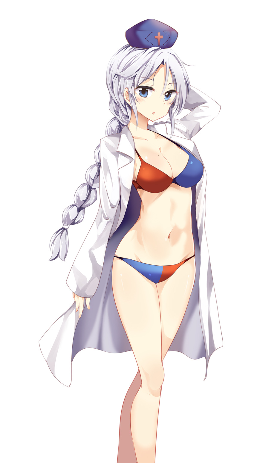 1girl bikini blue_eyes braid breasts cleavage collarbone groin hat highres labcoat long_hair long_sleeves looking_at_viewer maturiuta_sorato medium_breasts mole mole_on_breast multicolored multicolored_bikini multicolored_clothes navel nurse_cap silver_hair simple_background single_braid solo standing swimsuit touhou very_long_hair white_background yagokoro_eirin
