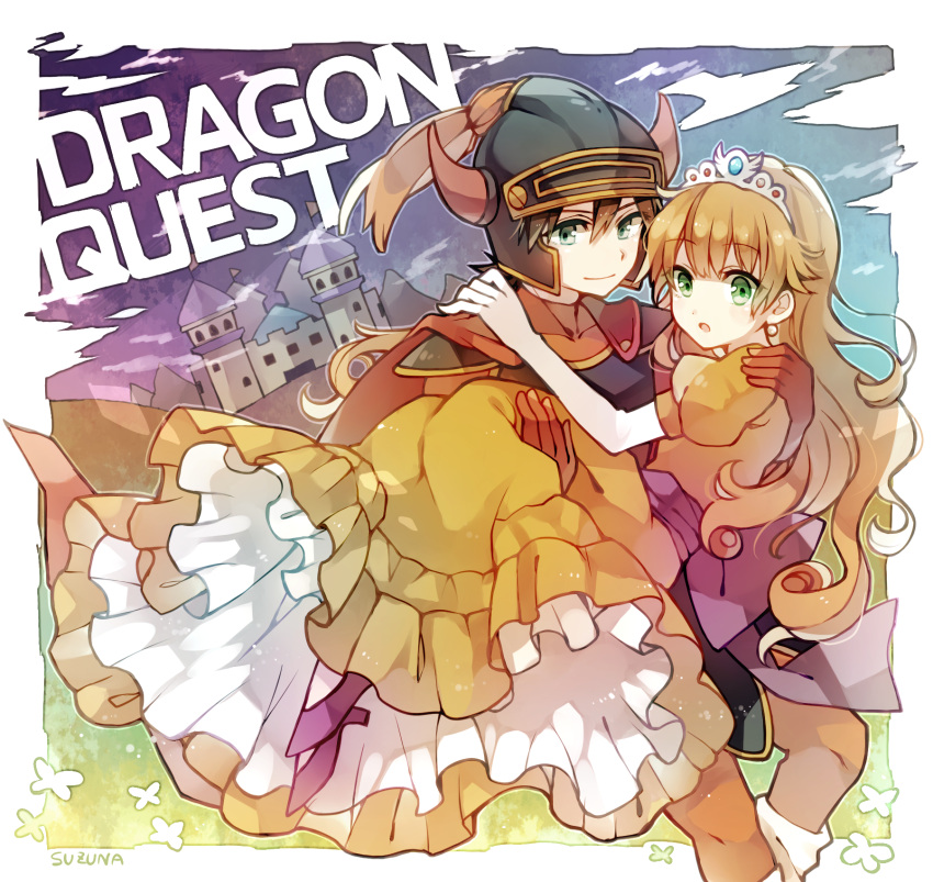 1boy 1girl carrying commentary_request dragon_quest dragon_quest_i hero_(dq1) highres long_hair princess_carry princess_laura short_hair suzuna_(mark_of_luck)