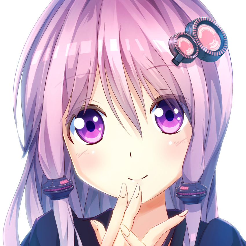 1girl bangs blush chinomaron closed_mouth eyebrows_visible_through_hair face fingernails hair_between_eyes hair_ornament hands_up head_tilt highres long_hair looking_at_viewer portrait purple_hair simple_background smile solo violet_eyes vocaloid voiceroid yuzuki_yukari