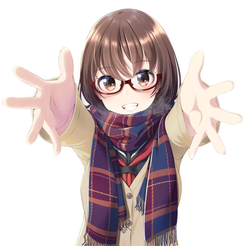 1girl :d breath brown_eyes brown_hair enpera eyebrows_visible_through_hair glasses grin highres jacket long_sleeves looking_at_viewer nekobaka open_mouth original outstretched_arms reaching_out scarf simple_background smile solo uniform upper_body white_background yellow_jacket