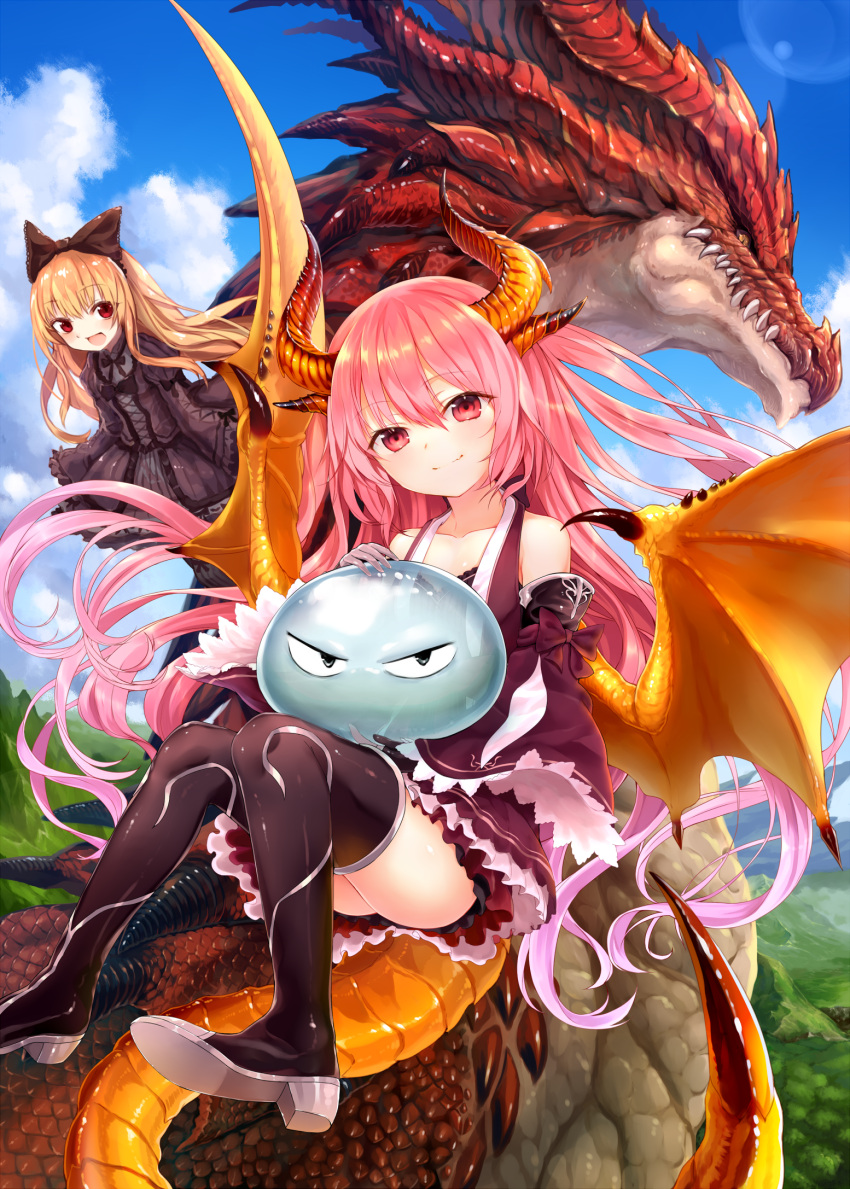 2girls black_dress blonde_hair blue_sky boots bow closed_mouth clouds collarbone copyright_request cover cover_page day detached_sleeves dragon dragon_horns dragon_tail dragon_wings dress frills gloves hair_bow highres horns long_hair looking_at_viewer multiple_girls novel_cover open_mouth pink_hair red_eyes sky smile sukemyon tail thigh-highs thigh_boots wings