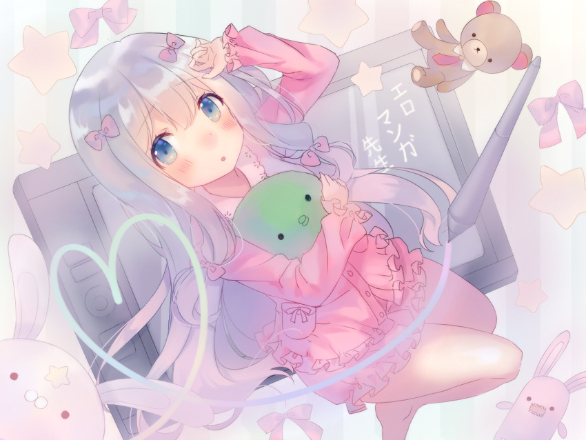 1girl bangs blue_eyes blush bow breasts eromanga_sensei eyebrows_visible_through_hair hair_bow izumi_sagiri long_hair looking_at_viewer low-tied_long_hair open_mouth pajamas pink_bow shouu-kun silver_hair small_breasts stuffed_animal stuffed_octopus stuffed_toy stylus tablet tareme