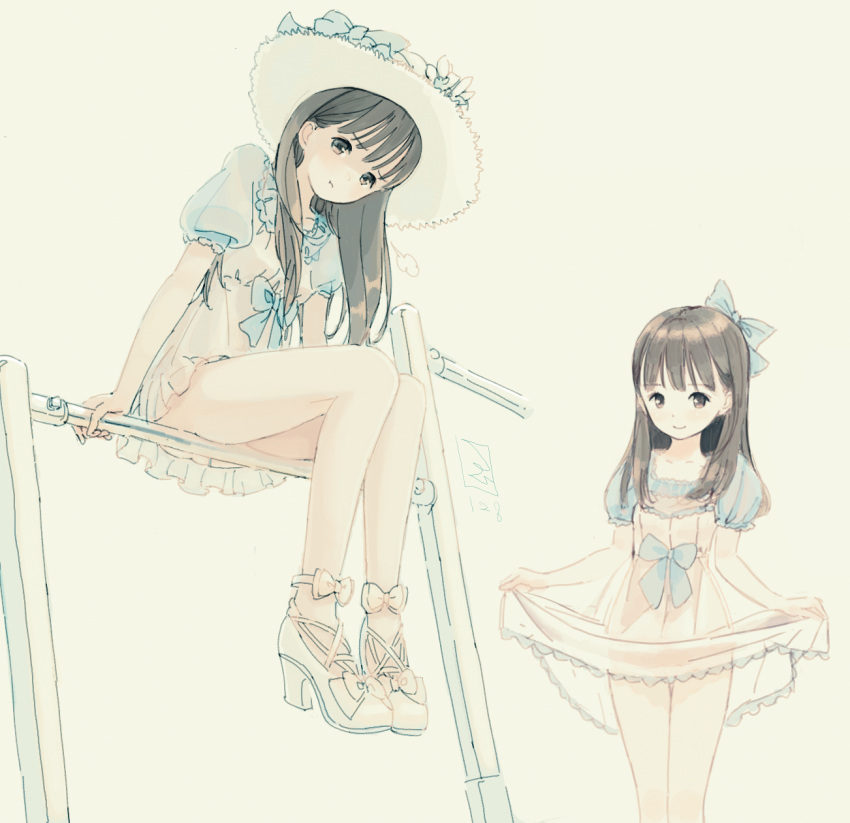 2girls :t ankle_lace-up bangs blue_bow blush bow brown_eyes brown_hair closed_mouth collarbone cross-laced_footwear dress eyebrows_visible_through_hair hair_bow hat hat_bow high_heels highres holding horizontal_bar kokudou_juunigou long_hair multiple_girls original pout puffy_short_sleeves puffy_sleeves short_dress short_sleeves signature sitting skirt_hold smile standing white_dress white_footwear white_hat