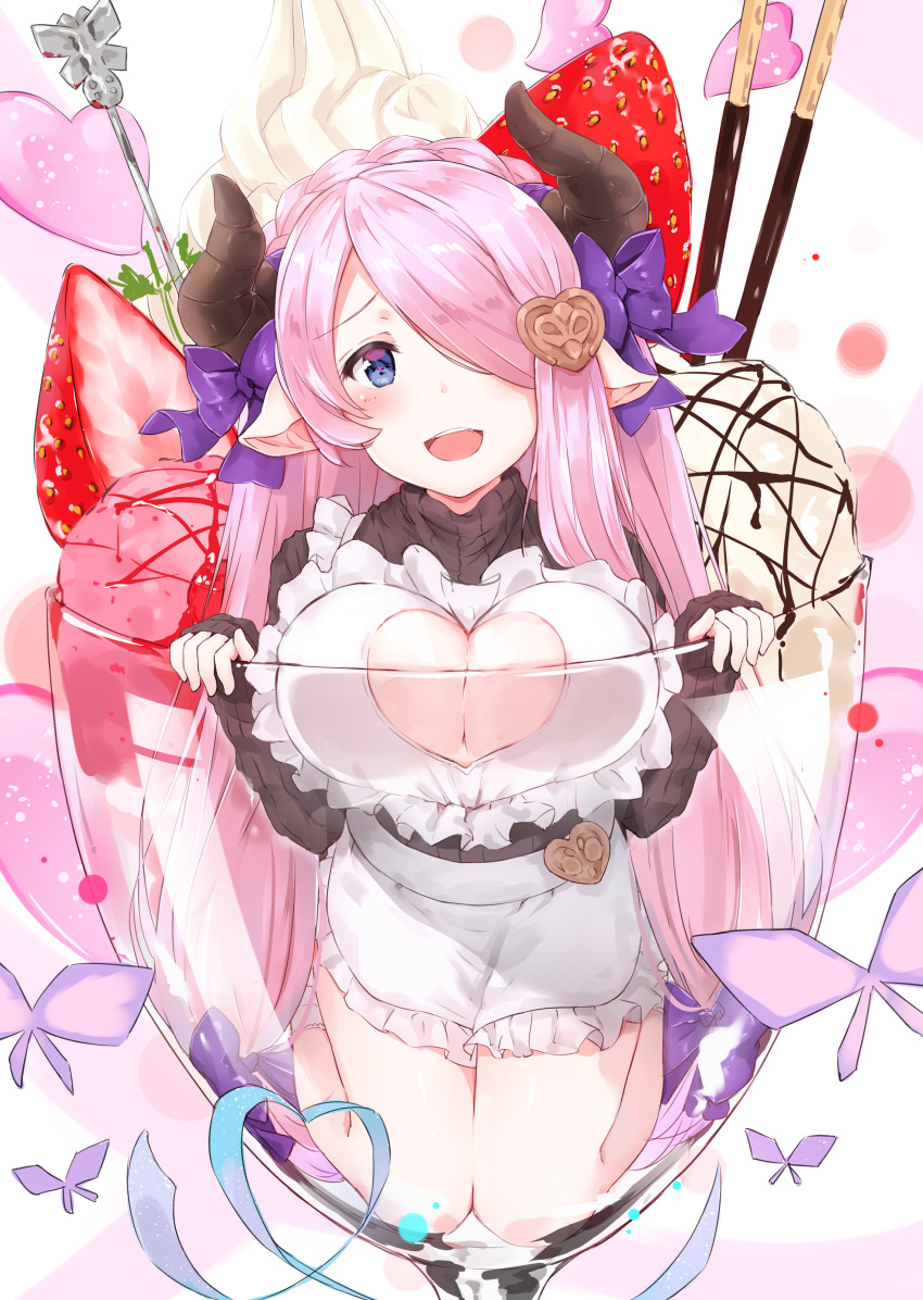 1girl :d absurdres apron blue_eyes blush bow braid breast_press breasts cleavage cleavage_cutout cream crown_braid cup food frilled_apron frills fruit full_body granblue_fantasy hair_bow hair_ornament hair_over_one_eye heart heart-shaped_pupils heart_hair_ornament highres horn_bow ice_cream in_container in_cup kneeling large_breasts long_hair long_sleeves looking_at_viewer minigirl minikon narmaya_(granblue_fantasy) open_mouth pocky pointy_ears purple_bow raised_eyebrows shiny shiny_hair shiny_skin sleeves_past_wrists smile solo straight_hair strawberry symbol-shaped_pupils tareme thighs transparent two-tone_background upper_body very_long_hair white_apron