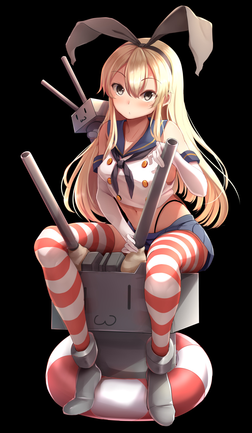 1girl :3 absurdres black_panties blonde_hair commentary_request crop_top crop_top_overhang elbow_gloves eyebrows_visible_through_hair gloves grey_eyes highleg highleg_panties highres kantai_collection long_hair looking_at_viewer miniskirt navel nicoby panties rensouhou-chan school_uniform serafuku shimakaze_(kantai_collection) simple_background skirt solo striped striped_legwear thigh-highs turret underwear white_gloves