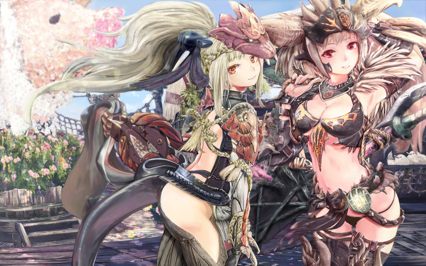 2girls ass blonde_hair braid breasts character_request cleavage closed_mouth collarbone commentary_request eyebrows_visible_through_hair highres long_hair looking_at_viewer mask mask_on_head medium_breasts monster_hunter monster_hunter:_world multiple_girls navel red_eyes smile thigh-highs very_long_hair zi-dabu