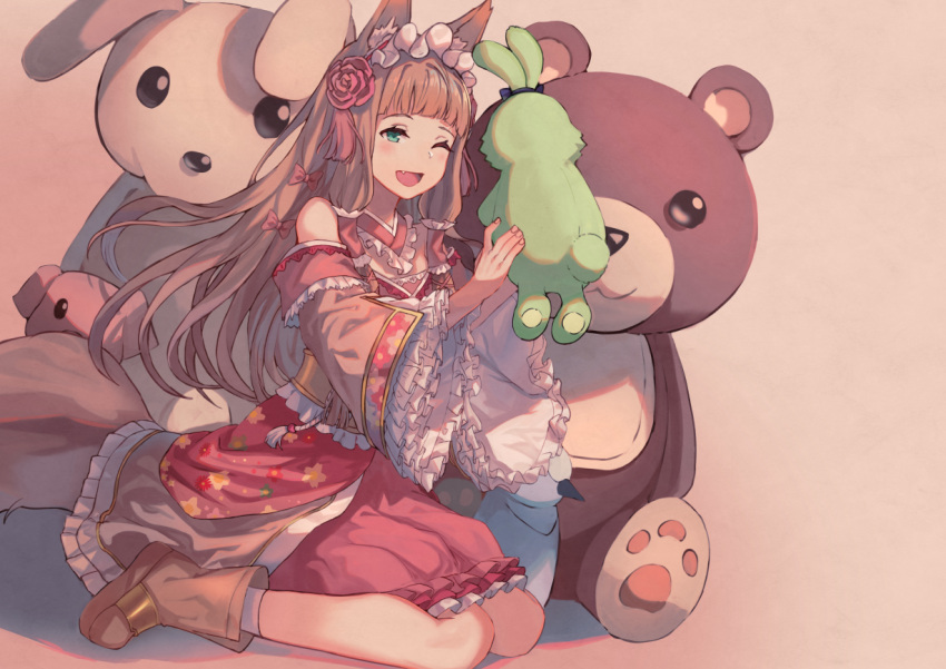 1girl animal_ears bare_shoulders brown_hair fang flower fox_ears fox_tail green_eyes hair_flower hair_ornament himemiya_maho lolita_fashion long_hair one_eye_closed peroncho princess_connect! stuffed_toy tail