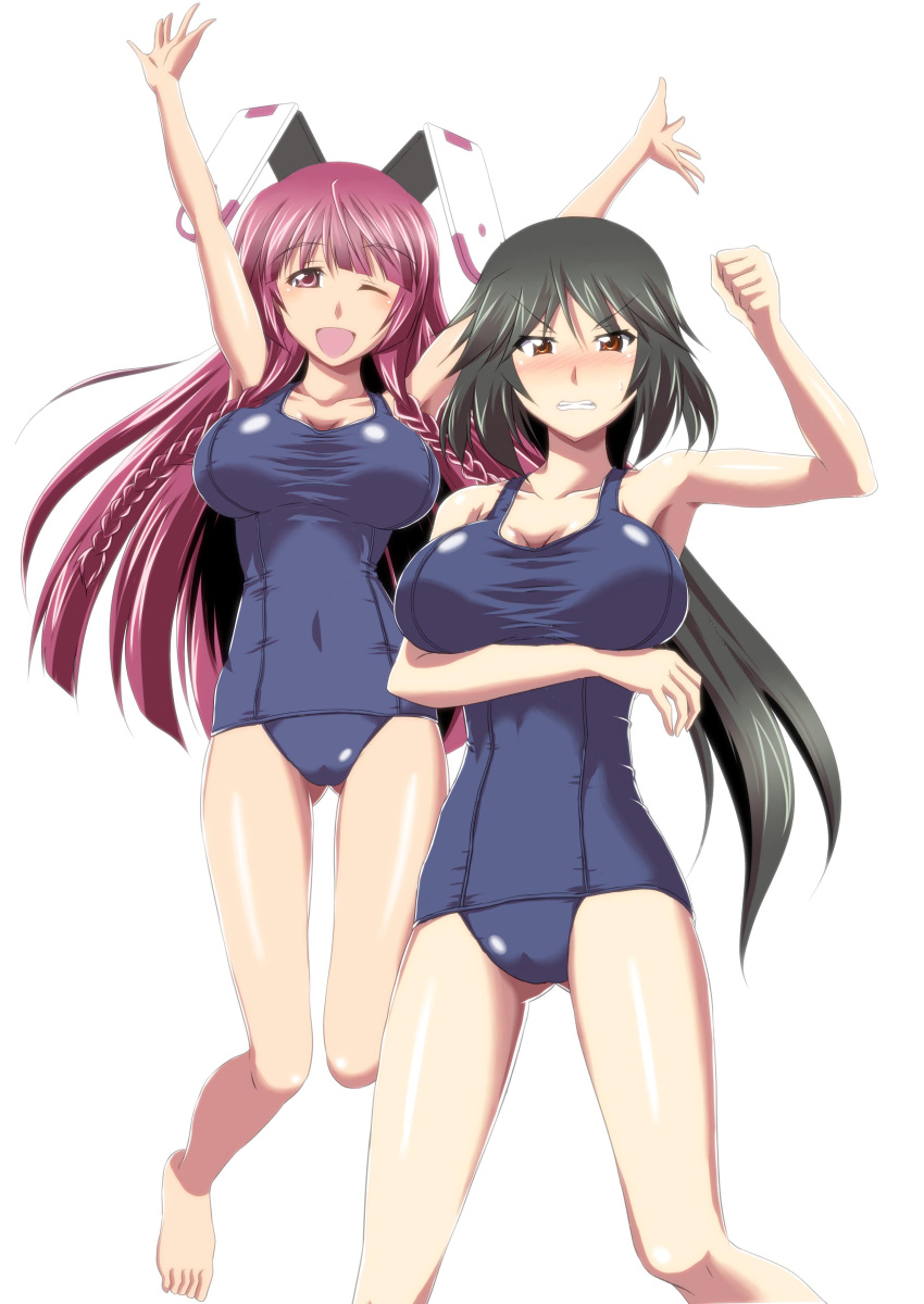 2girls :d absurdres angry animal_ears armpits bangs barefoot black_hair blush braid breast_hold breasts brown_eyes cleavage clenched_hand clenched_teeth embarrassed full_body gluteal_fold hair_between_eyes highres infinite_stratos jumping kuroda_ariake large_breasts long_hair multiple_girls old_school_swimsuit one-piece_swimsuit one_eye_closed open_mouth orimura_chifuyu purple_hair rabbit_ears school_swimsuit shinonono_tabane simple_background smile sweatdrop swimsuit teeth tree twin_braids violet_eyes white_background