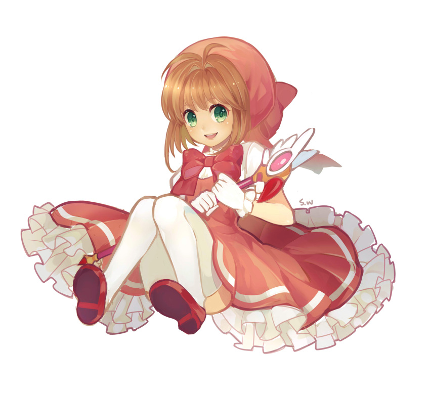 1girl :d antenna_hair atobesakunolove bow bowtie brown_hair card_captor_sakura commentary green_eyes hair_intakes hat highres holding kinomoto_sakura looking_at_viewer magical_girl mary_janes open_mouth puffy_short_sleeves puffy_sleeves red_footwear red_neckwear shoes short_sleeves signature simple_background smile solo thigh-highs wand white_background white_legwear