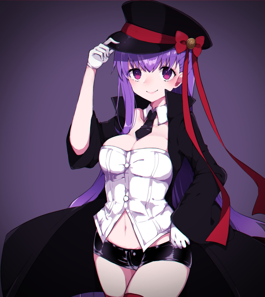 &gt;:) 1girl bb_(fate/extra_ccc) black_coat black_hat black_neckwear black_shorts blush bow breasts cleavage closed_mouth coat cowboy_shot detached_collar fate/extra fate/extra_ccc fate_(series) gloves gradient gradient_background hand_on_headwear hat hat_bow highres long_hair looking_at_viewer medium_breasts mini_necktie navel necktie open_clothes open_coat peaked_cap purple_background purple_hair red_bow shiny shiny_hair short_shorts shorts smile solo standing straight_hair strapless takae_(poupee_en_biscuit) tareme very_long_hair violet_eyes white_gloves