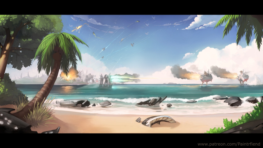 3girls ahoge aircraft airplane battle beach black_hair blue_sky brown_hair cannon character_request day detached_sleeves explosion fire headgear hiei_(kantai_collection) highres kantai_collection kongou_(kantai_collection) letterboxed long_sleeves machinery multiple_girls ocean outdoors paintrfiend patreon_username rigging ru-class_battleship sand shinkaisei-kan shipwreck short_hair sky steam tree watermark waves web_address