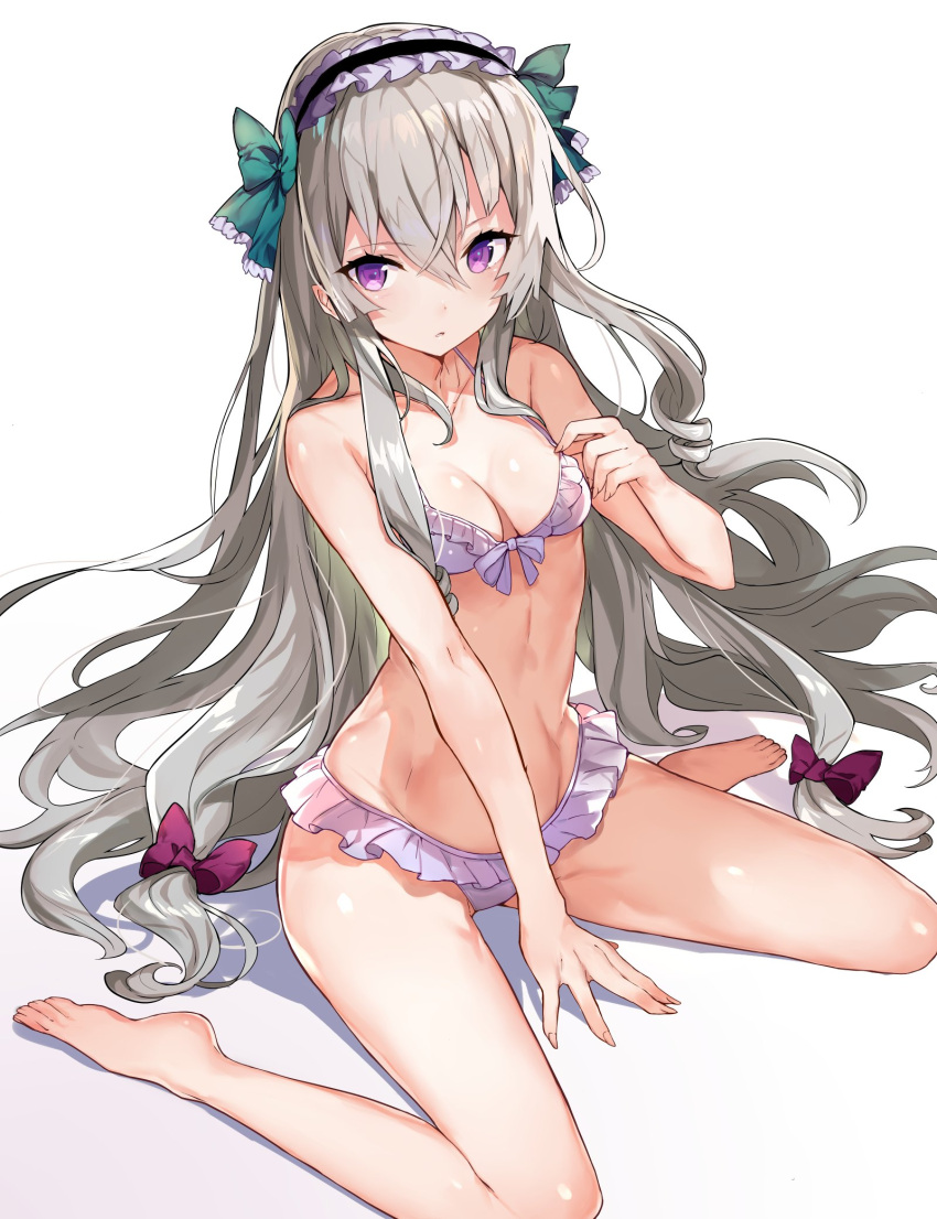 1girl abusoru barefoot bikini breasts character_request copyright_request frilled_bikini frills highres long_hair looking_at_viewer maid_headdress pink_bikini silver_hair simple_background sitting small_breasts solo swimsuit violet_eyes wariza white_background