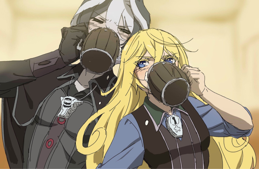 2girls bangs black_cape black_gloves black_hair black_jacket blonde_hair blurry blurry_background blush cape commentary_request cup depth_of_field drinking drunk eyebrows_visible_through_hair gloves grey_hair hair_between_eyes highres holding jacket long_hair long_sleeves looking_at_another lyza made_in_abyss mi_(pic52pic) mug multiple_girls ozen short_hair sweatdrop upper_body whistle