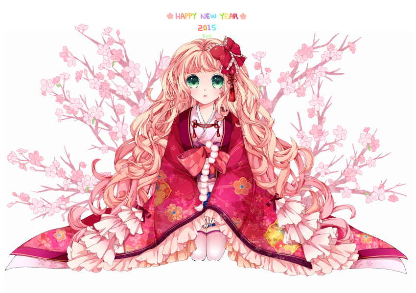 1girl 2015 atobesakunolove big_hair blonde_hair bow cherry_blossoms commentary_request curly_hair floral_print green_eyes hair_bow happy_new_year highres japanese_clothes kimono long_hair long_sleeves looking_at_viewer new_year obi original parted_lips pink_legwear red_bow red_kimono sash seiza signature sitting sleeves_past_wrists solo thigh-highs very_long_hair wide_sleeves